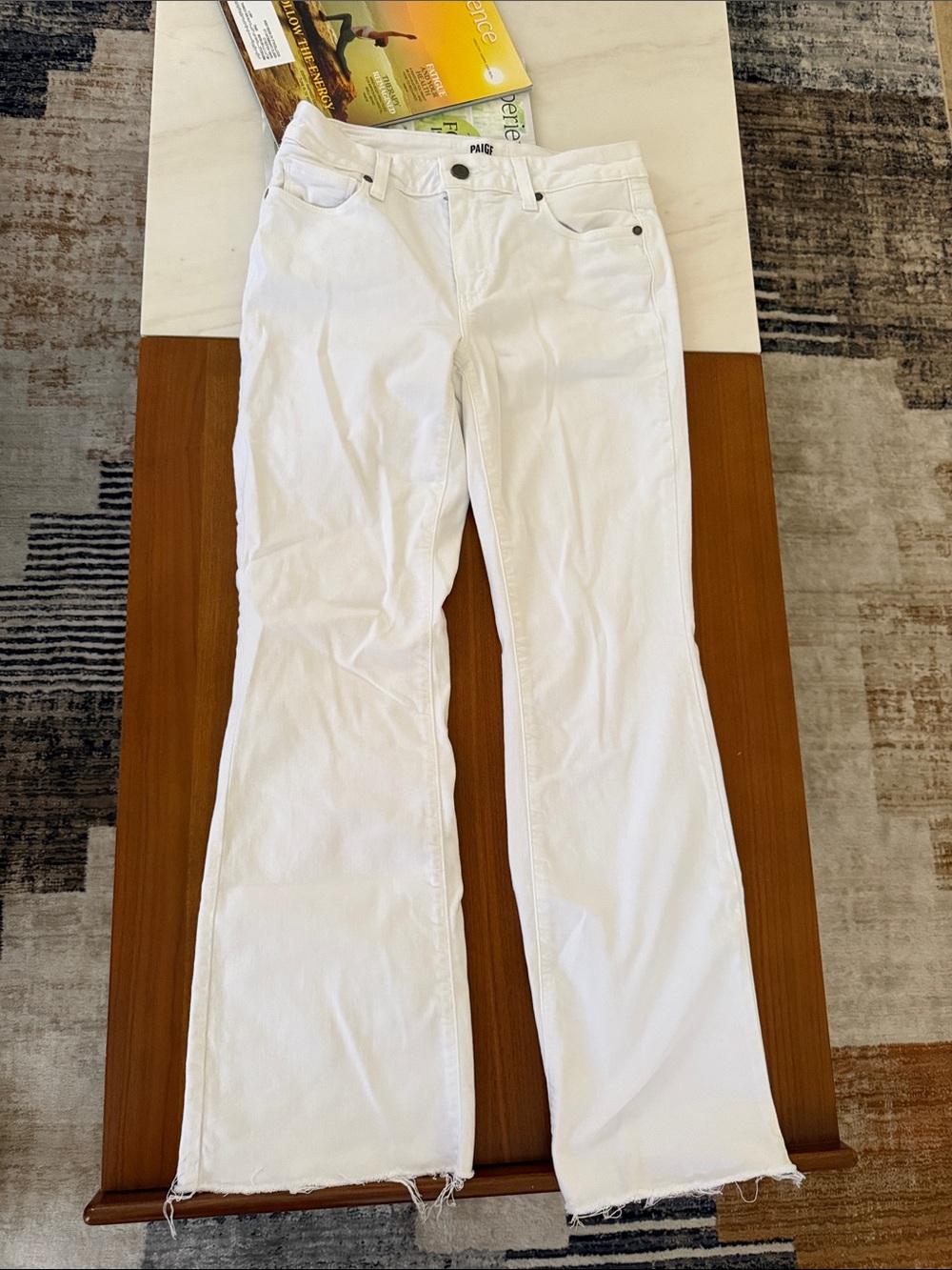 PAIGE White High-Rise Flare Jeans with Raw Hem